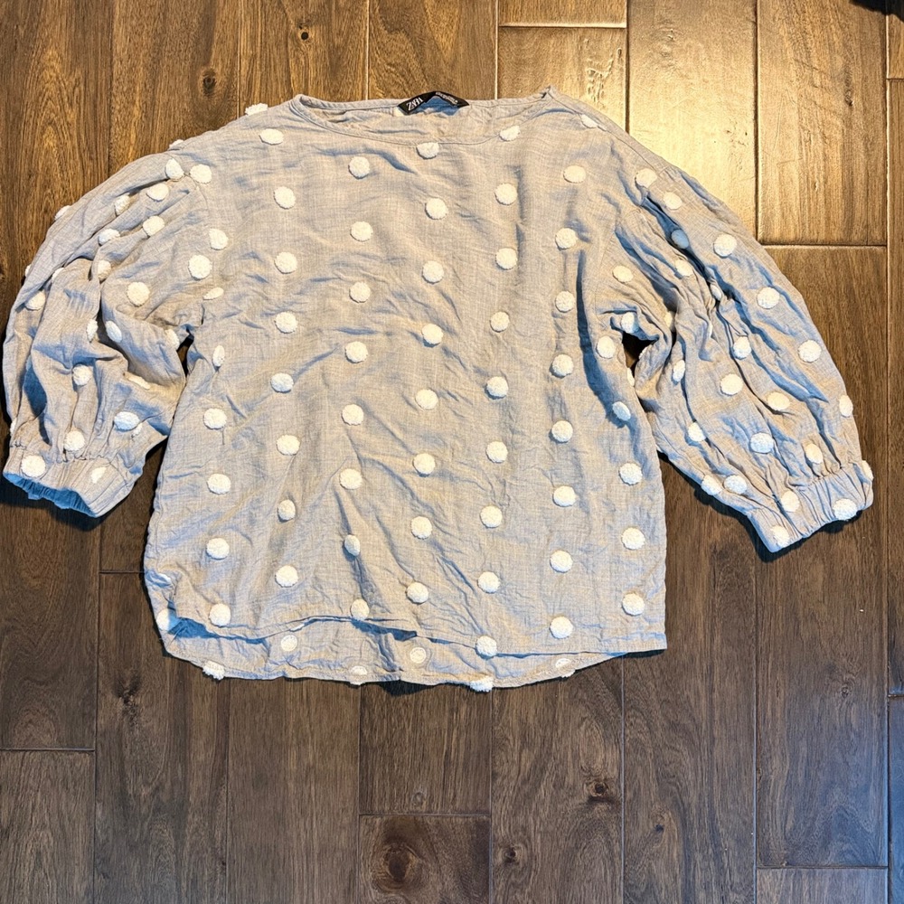 Zara Blouse Womens Small Gray Excellent Pom Pom‎ Polka Dot Balloon Sleeve Boho